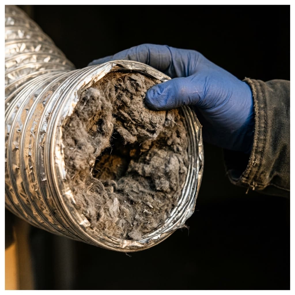 Close-up of a severely lint-clogged dryer vent duct — a fire hazard
